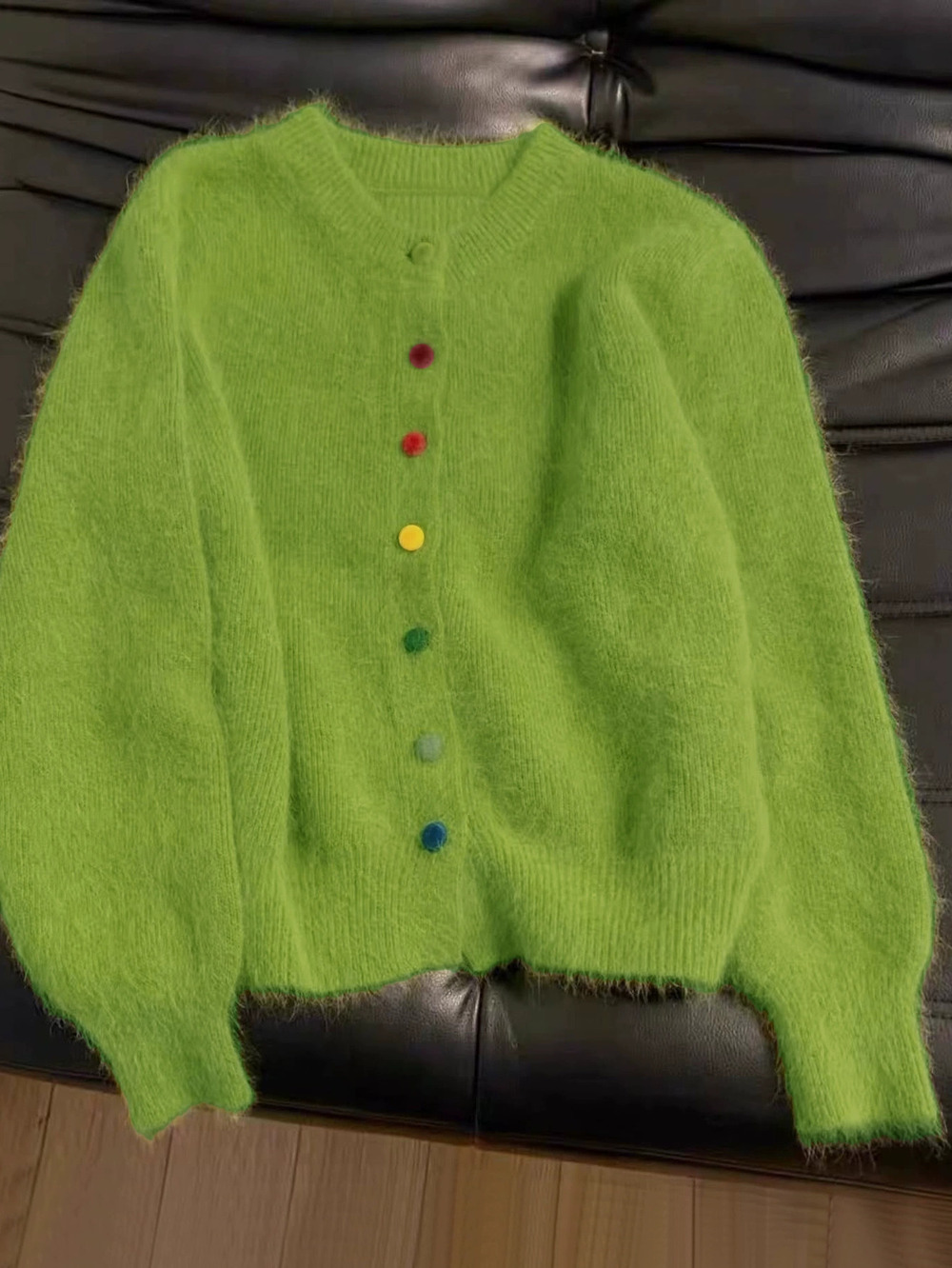ZARA Green Faux Fur Versatile Womens Knitted Sweater Colorful Button Wool Top